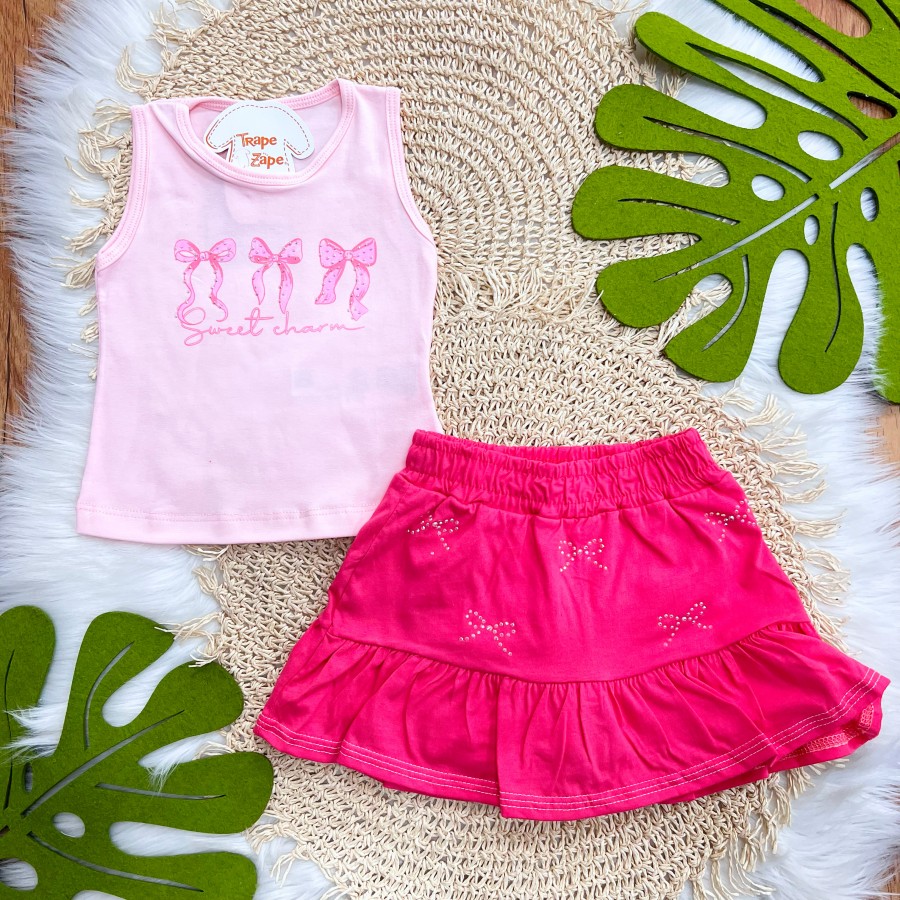 Conj. Regata Lacinhos e Short Saia com Strass - Rosa
